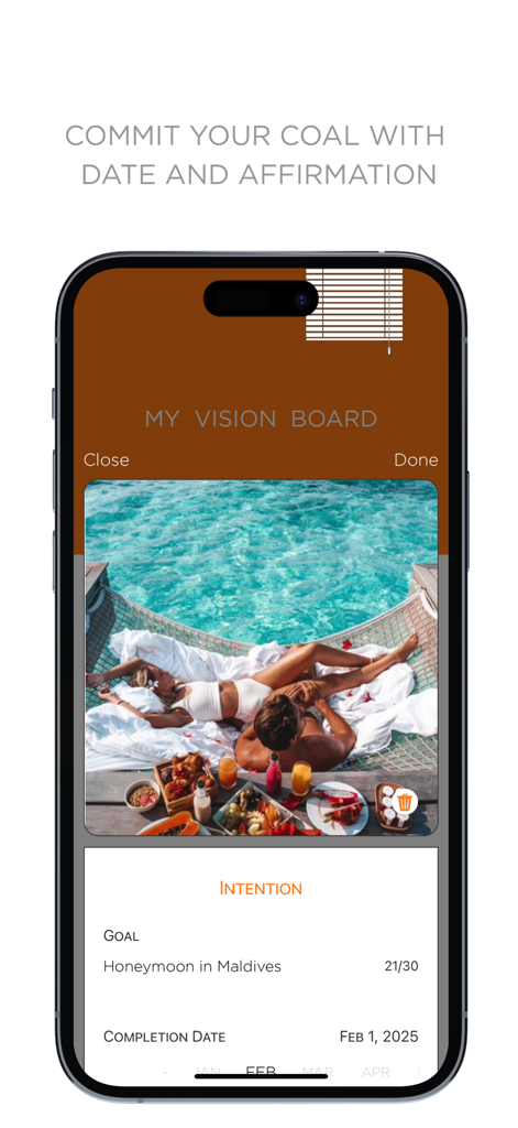 Vision Board 2025 - Vision Board 2025 app interface displaying a travel goal for a honeymoon in Maldives with a target date