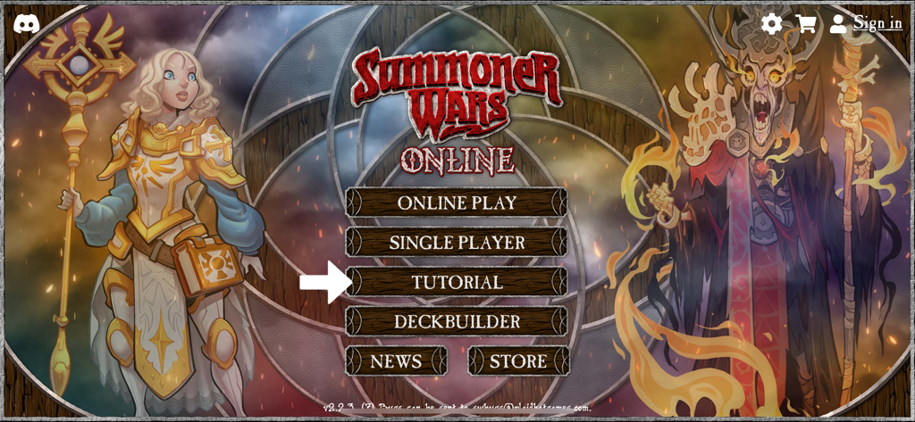 Summoner Wars Online - Summoner Wars Online main menu screen featuring game modes and fantasy characters