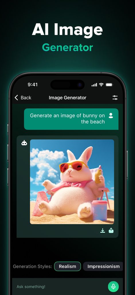 ChatPod - AI Chatbot Assistant - Screenshot of ChatPod app AI image generator showing a fluffy bunny wearing sunglasses on a beach
