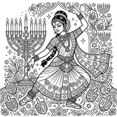 Immerse yourself in a unique cultural celebration with this enchanting coloring page featuring a Bharatanatyam dancer. Discover the joy of merging traditional Indian dance with festive Hanukkah symbols.
