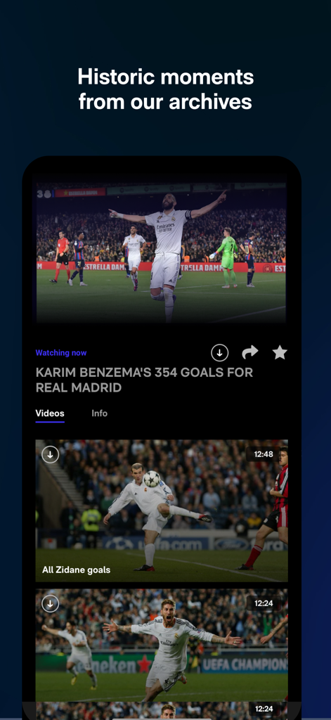 RM Play - RM Play Mobile App-Oberfläche, die eine Liste von historischen Real Madrid Toren und Spieler-Dokumentationen anzeigt