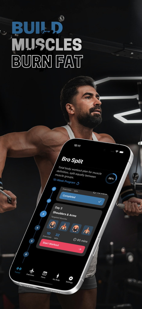 Gym Genius app interface showing a Bro Split workout plan to build muscles and burn fat
