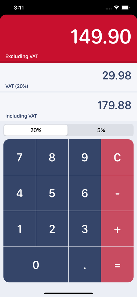 Interface of the UK VAT Calculator app showing tax calculations and a numeric keypad