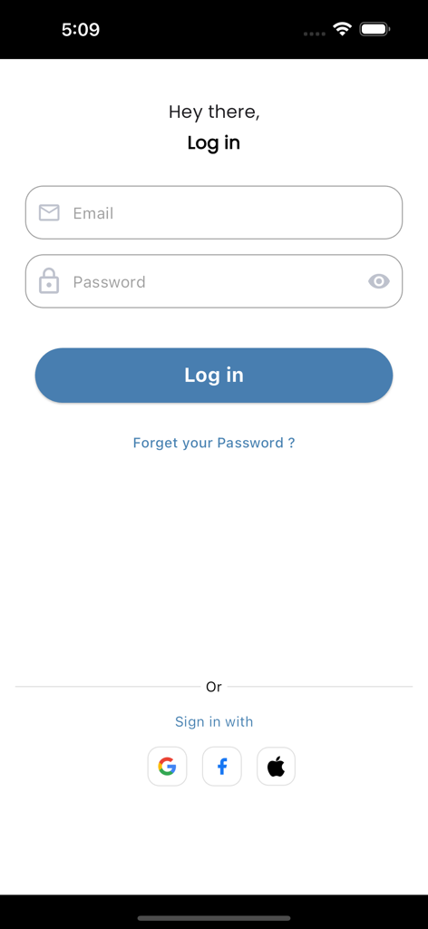 Tri Fits - Página de inicio de sesión de la aplicación móvil Tri Fits con opciones de inicio de sesión por correo electrónico, contraseña y redes sociales