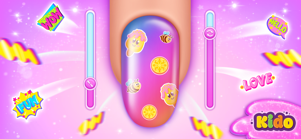 Nail Salon Games For Kids - Una sola uña decorada con coloridas pegatinas de helado y abejas en la aplicación Juegos de Salón de Uñas para Niños.