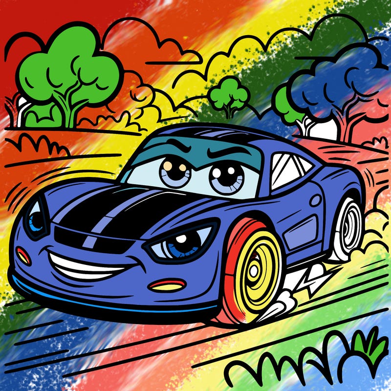 big print fast car with the eyes on and speeding on road in the field with trees