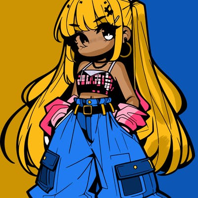 cute anime bad girl with baggy pants and crop top