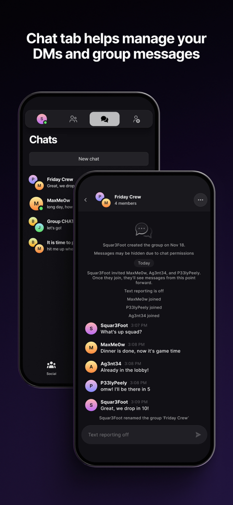 Epic Games - Captura de pantalla de la interfaz de chat de la aplicación Epic Games que muestra una lista de mensajes directos y una conversación grupal activa.