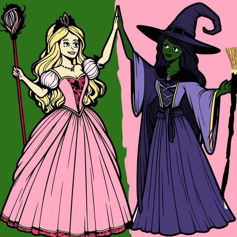 detailed realistic split of a princess and a witch