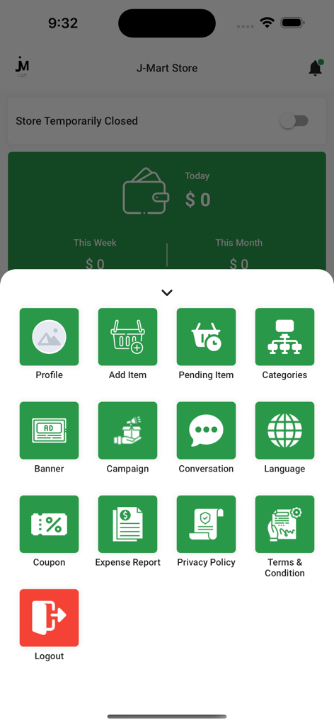 J-Mart Store - Panel de control de la aplicación Tienda J-Mart que muestra herramientas de gestión para vendedores como inventario, informes y campañas de marketing.