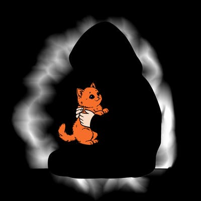 a girl with a hoodie on looking down at a kitten