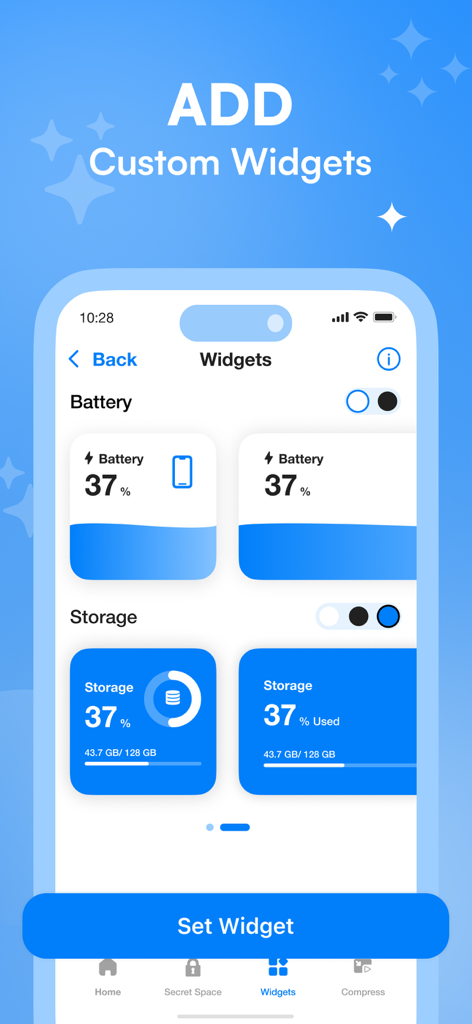 Uno screenshot dell'app iCleanup che visualizza vari widget personalizzabili per monitorare lo stato della batteria e dello spazio di archiviazione del telefono.