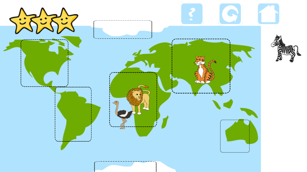 Un rompecabezas de mapa del mundo educativo para niños que muestra animales como un león y un tigre colocados en sus continentes nativos.