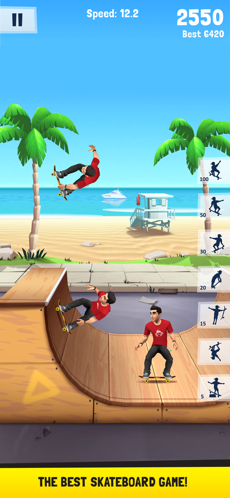 A character performing a skateboarding trick on a halfpipe at Miami Beach in the Flip Skater mobile game