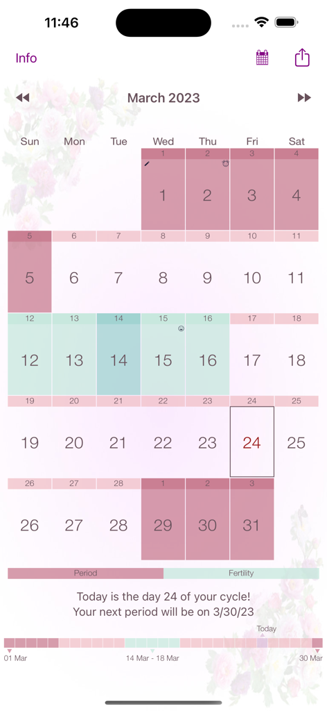 My Period Calendar - Uma visualização de calendário mensal acompanhando os ciclos menstruais e janelas de fertilidade