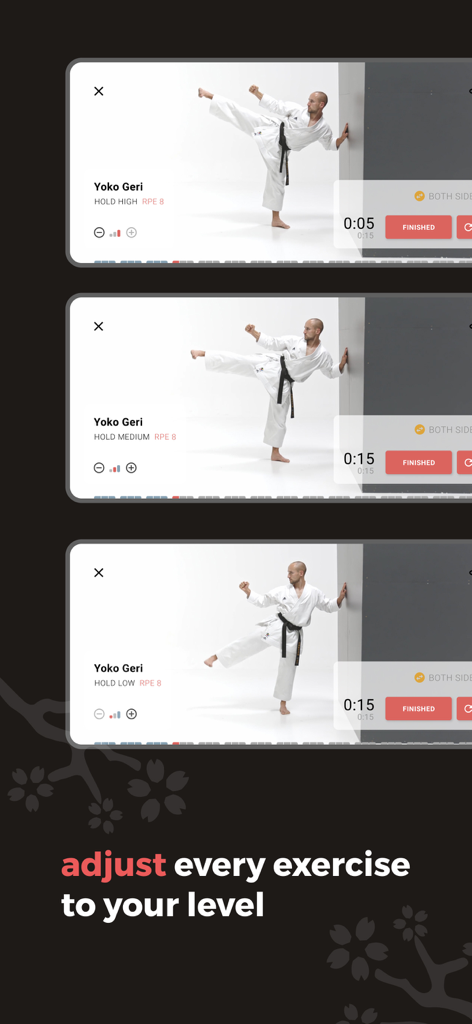 Dojo Athletics - Tres niveles de dificultad para un ejercicio de patada lateral Yoko Geri en la aplicación Dojo Athletics
