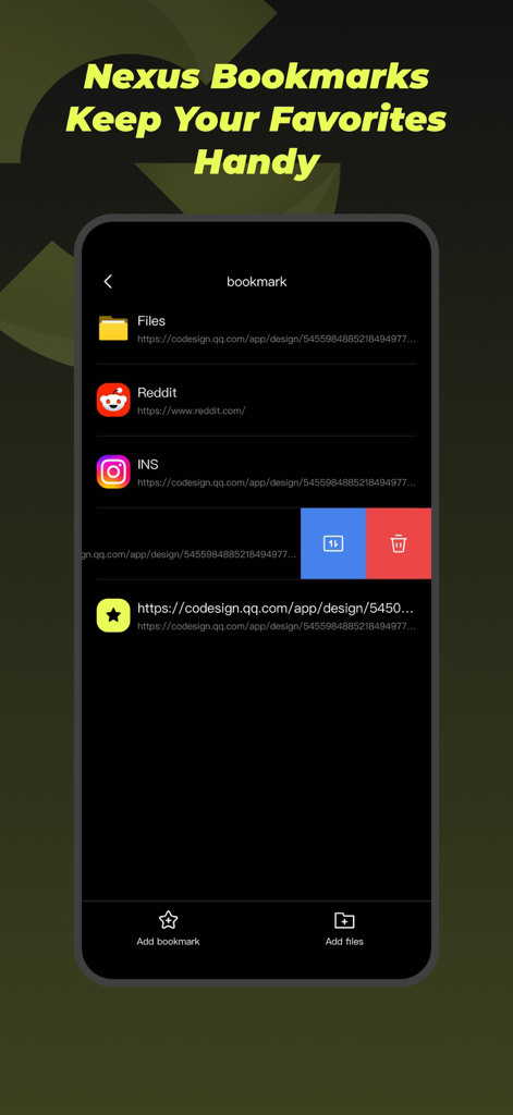 Nexus-Privacy First - Pantalla de gestión de marcadores de la aplicación Nexus Privacy First que muestra enlaces guardados a Reddit e Instagram