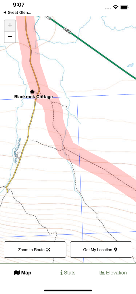 West Highland Way Map - Topographic map view of the West Highland Way trail showing the highlighted hiking route and local landmarks like Blackrock Cottage.
