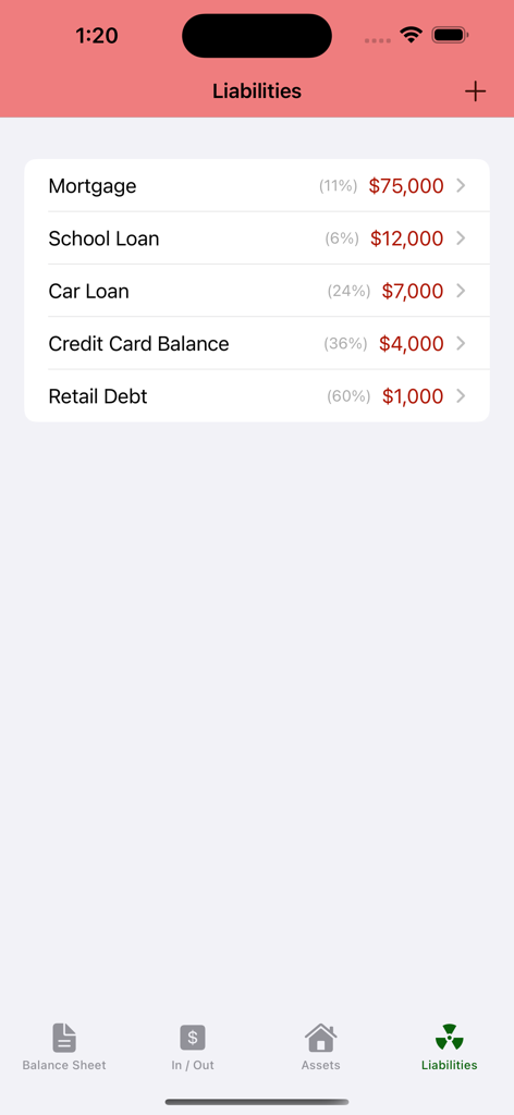 Cashflow Balance Sheet - A screenshot of the liabilities section in the Cashflow Balance Sheet app displaying a list of debts including mortgage and loans.