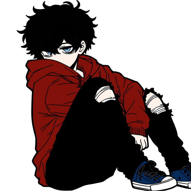 a male hoddie ripped jeans messy hair anime