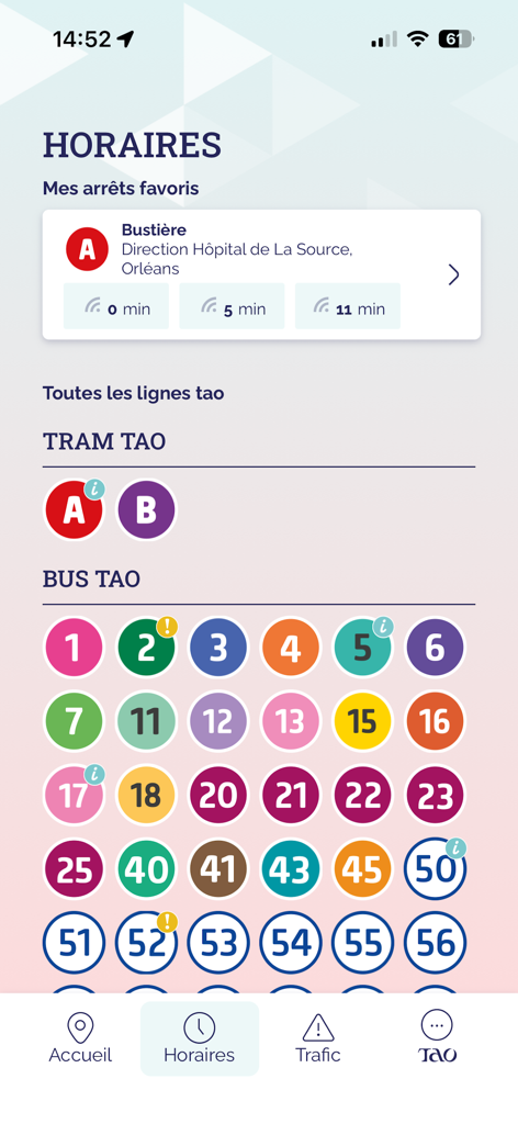 Tao Orléans - Tao Orleans app interface showing real-time bus and tram schedules
