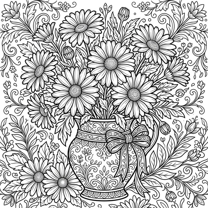 Dive into a world of floral beauty with this exquisite daisy bouquet coloring page, specially designed for teens. Its intricate patterns and charming details offer a wonderful creative challenge.