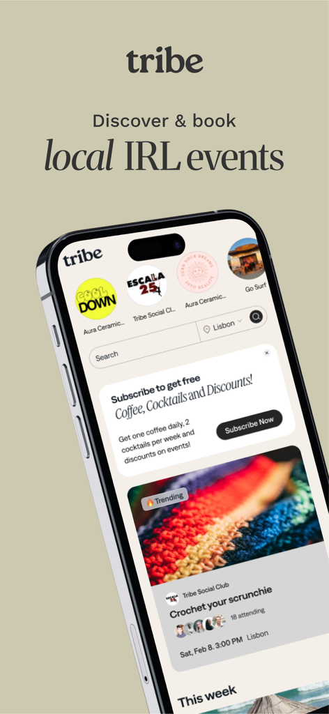 Tribe IRL - A smartphone displaying the Tribe IRL app home screen for finding local social events and member perks