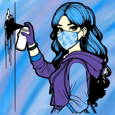 realistic girl with mask spray painting a wall