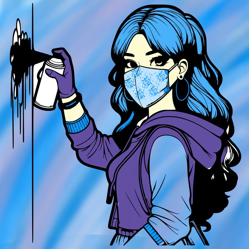 realistic girl with mask spray painting a wall