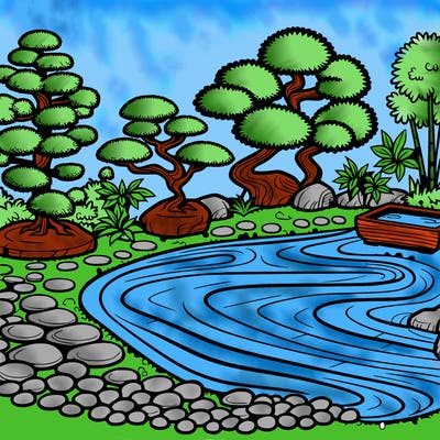 a serene zen garden with raked gravel, bonsai trees, and tranquil ponds