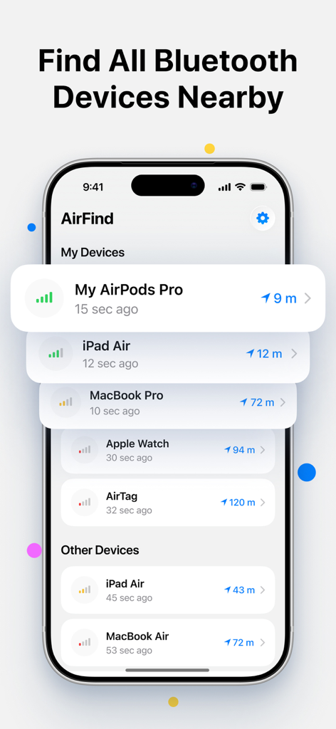 AirFind－ Find My Lost Device - AirFind app screen showing a list of nearby Bluetooth devices with their distances