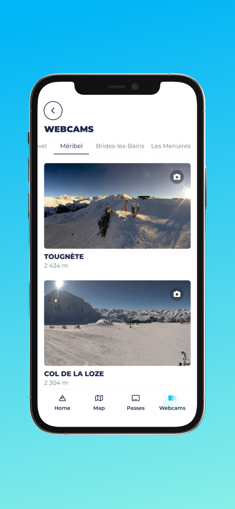 Screenshot of the Les 3 Vallées app showing live mountain webcams from Méribel for skiing conditions.