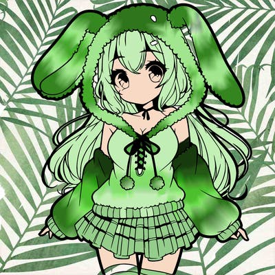 pretty anime girl wearing a fluffy hoodie with bunny ears on the hood and a skirt