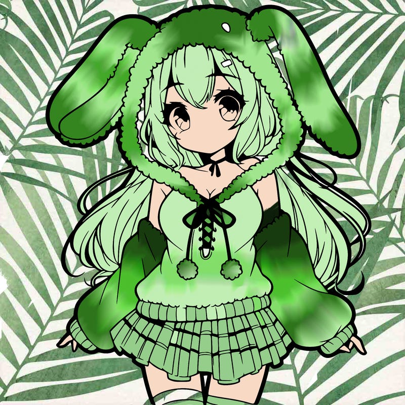 pretty anime girl wearing a fluffy hoodie with bunny ears on the hood and a skirt