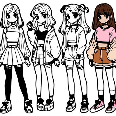 one girl with crop-top shirt and a jacket with a skirt, long socks and another girl with a shirt and pants with a jacket