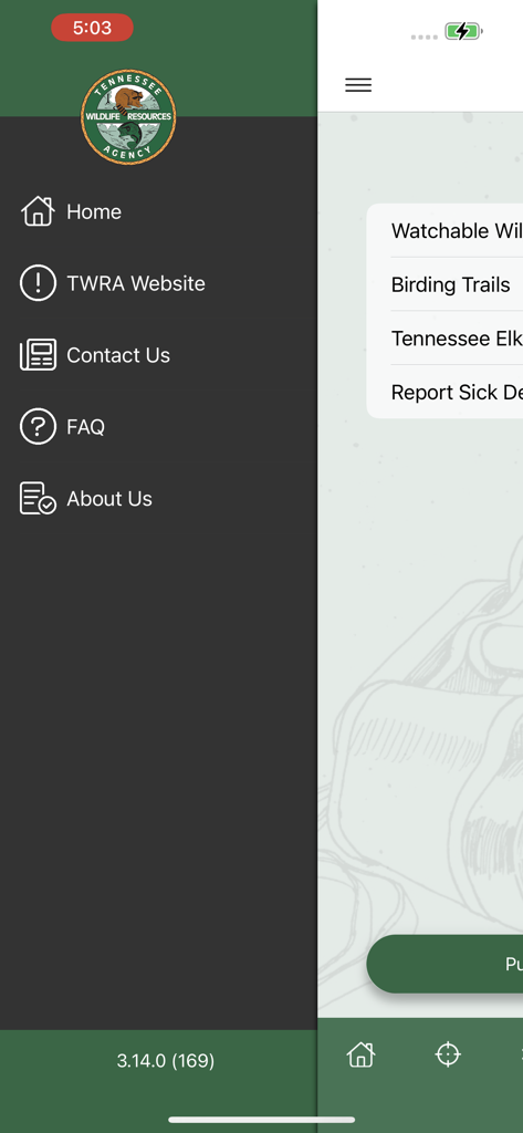 Sidebar navigation menu of the TWRA On the Go mobile app showing links for Home, TWRA Website, Contact Us, FAQ, and About Us.