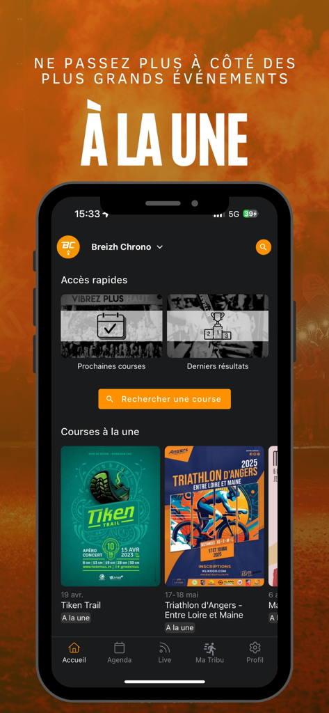 Écran d'accueil de l'application Breizh Chrono montrant les courses en vedette et les options de recherche d'événements.