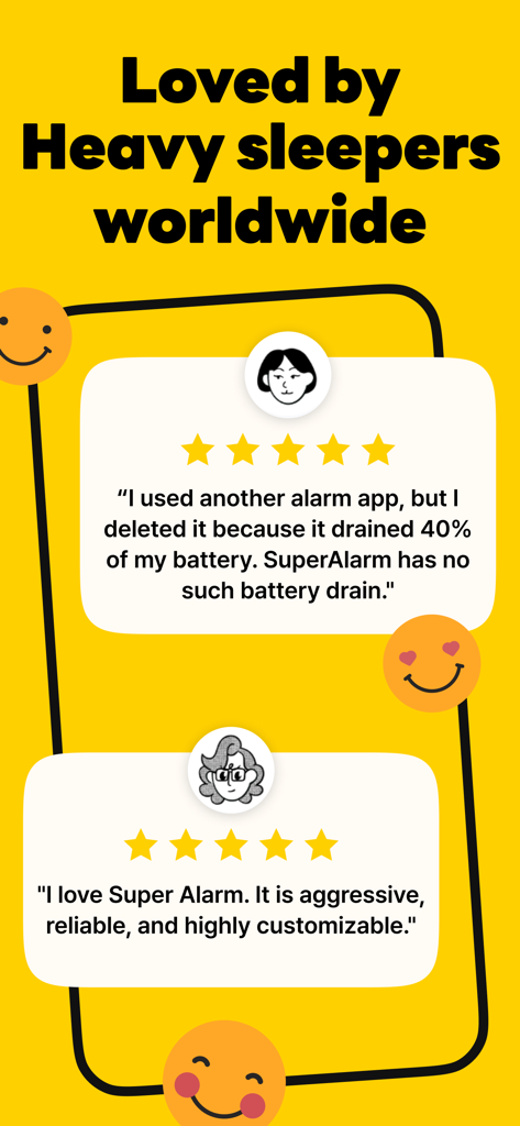 Two positive user testimonials for the SuperAlarm app highlighting battery efficiency and reliability.