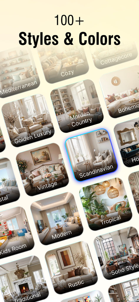 A visual grid displaying over 100 interior design styles and colors available in the DECOZY app including Scandinavian Modern and Tropical.