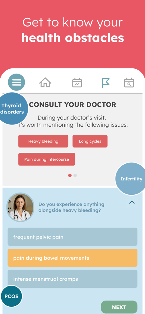Trying to Conceive & Pregnancy - OvuFriend app interface showing health obstacle detection for PCOS thyroid disorders and infertility with medical consultation advice
