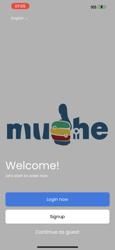 Mushe Market - Pantalla de bienvenida de la aplicación Mushe Market con botones de inicio de sesión y registro