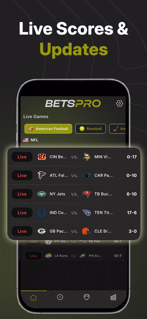 BetsPro AI - BetsPro AI App-Oberfläche mit Live-Ergebnissen in Echtzeit für NFL-Spiele