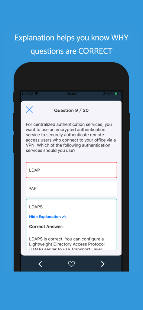 Una pregunta de práctica en la aplicación CompTIA Security plus que muestra una respuesta correcta con una explicación detallada.