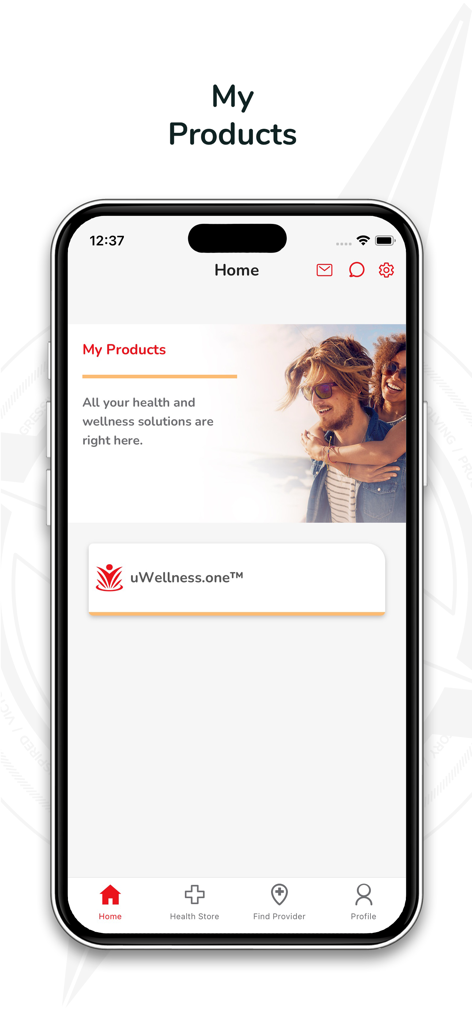 Universal.one - Universal.one mobile app home screen showing the My Products section and uWellness.one module