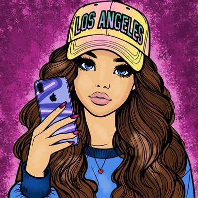 realistic beautiful girl wearing los ángeles cap holding an iphone