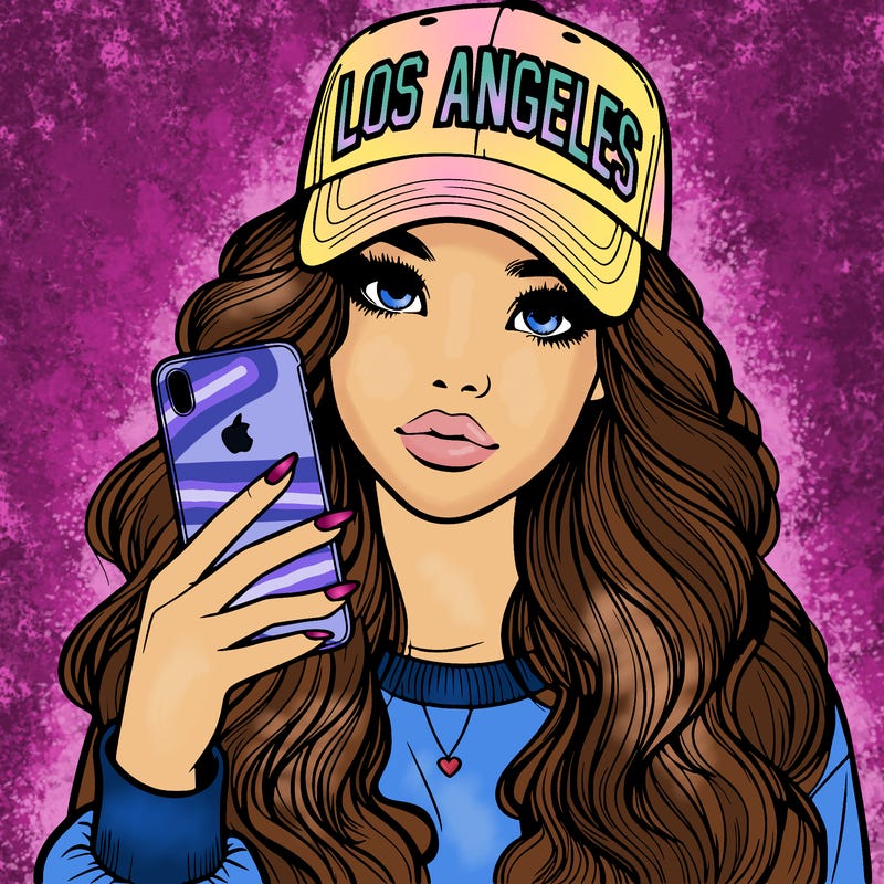 realistic beautiful girl wearing los ángeles cap holding an iphone