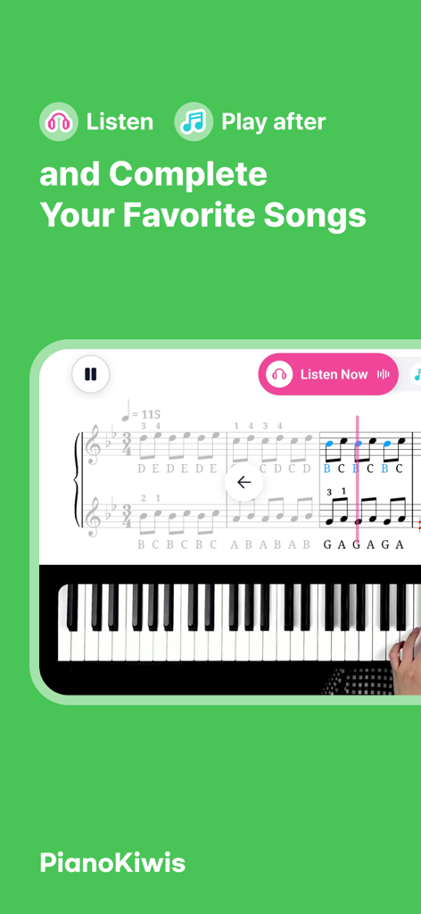 PianoKiwis - PianoKiwis app interface displaying sheet music and a piano keyboard for learning and playing songs.