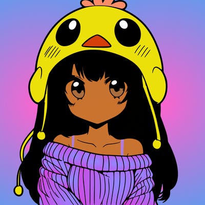 anime girl with chick shaped hat with sweater with bare shoulders with bangs covering them one eye with low tail