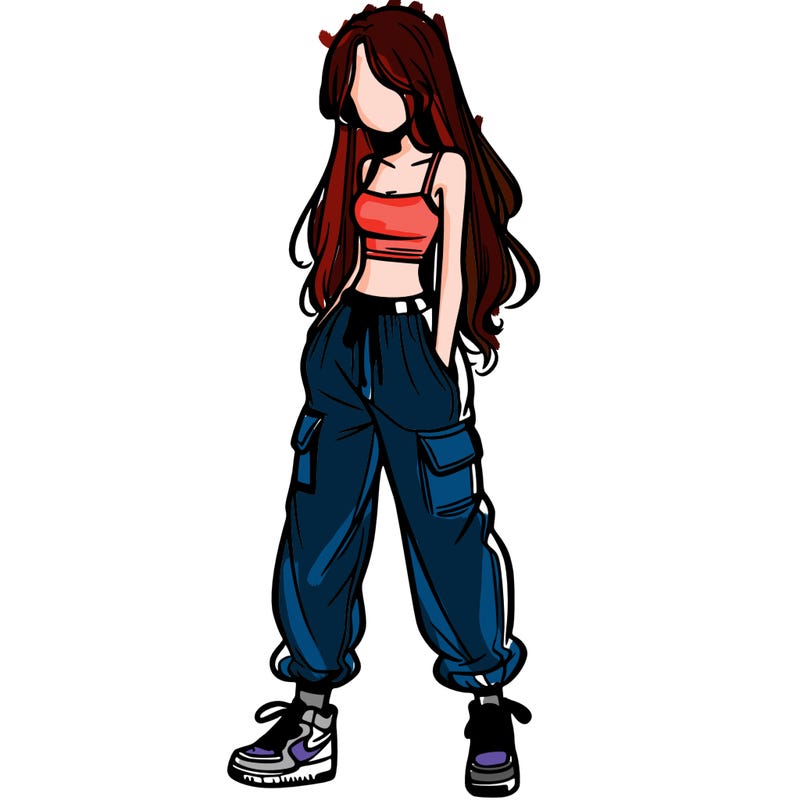 girl in baggy pants crop top and long hair