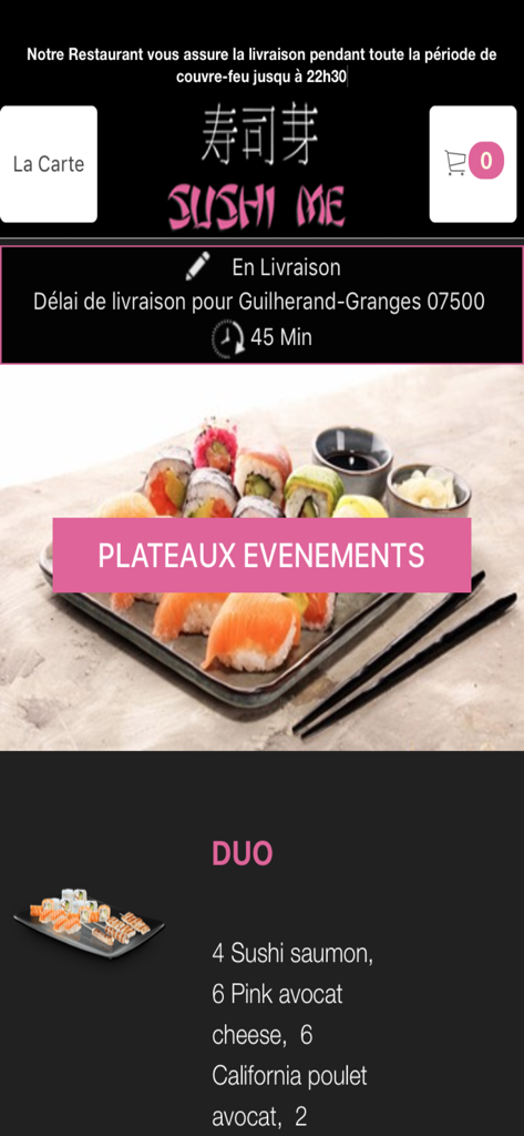 Interfaccia dell'app Sushi Me che mostra i piatti di sushi e l'orario di consegna stimato